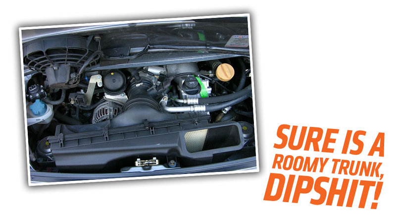 Illustration for article titled Stupid Ad Shows Idiot Cramming Bags In a 911 Engine To Sell Luggage